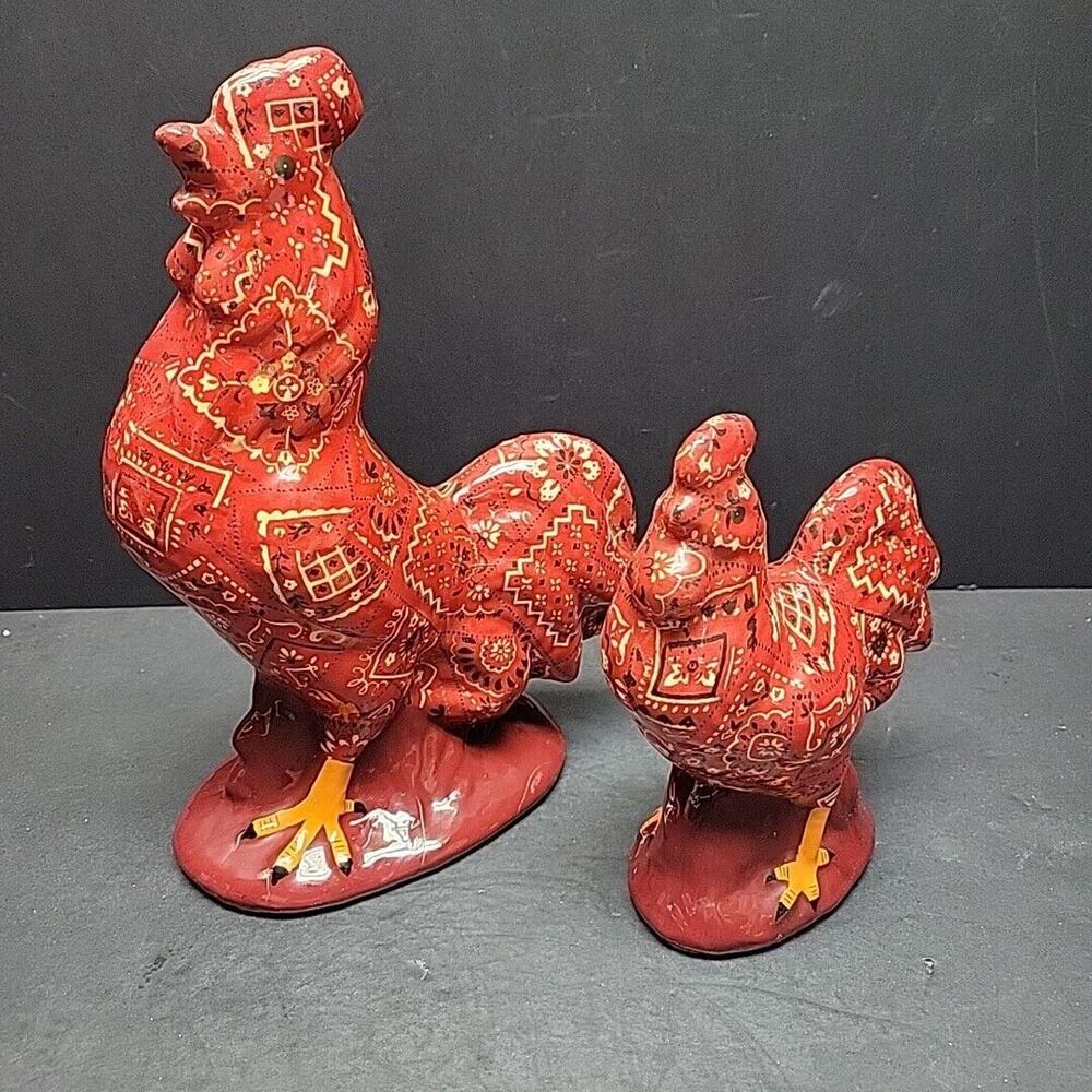 Set of 2 Vintage Red Bandana Ceramic Rooster & Chicken Country Farmhouse Decor